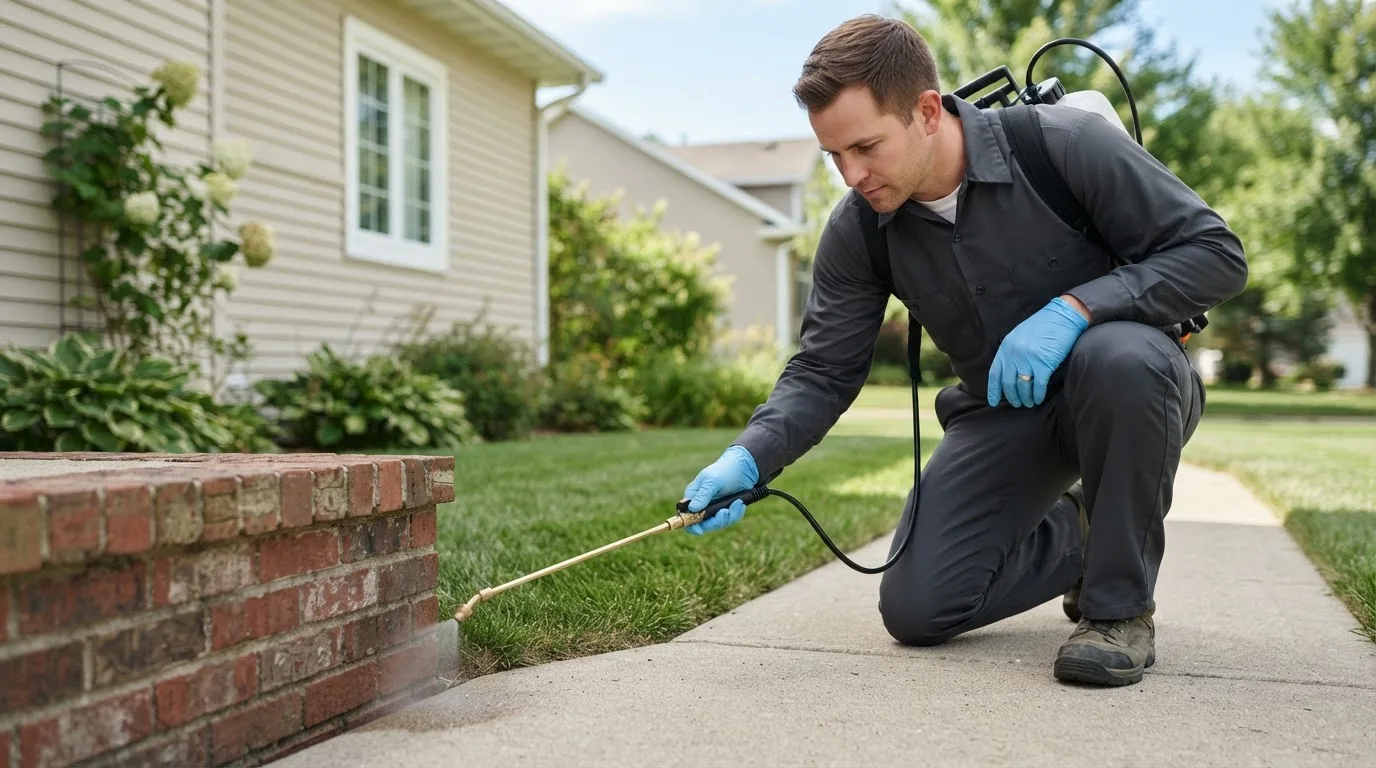 Pest control technician treating a home near Perris, CA