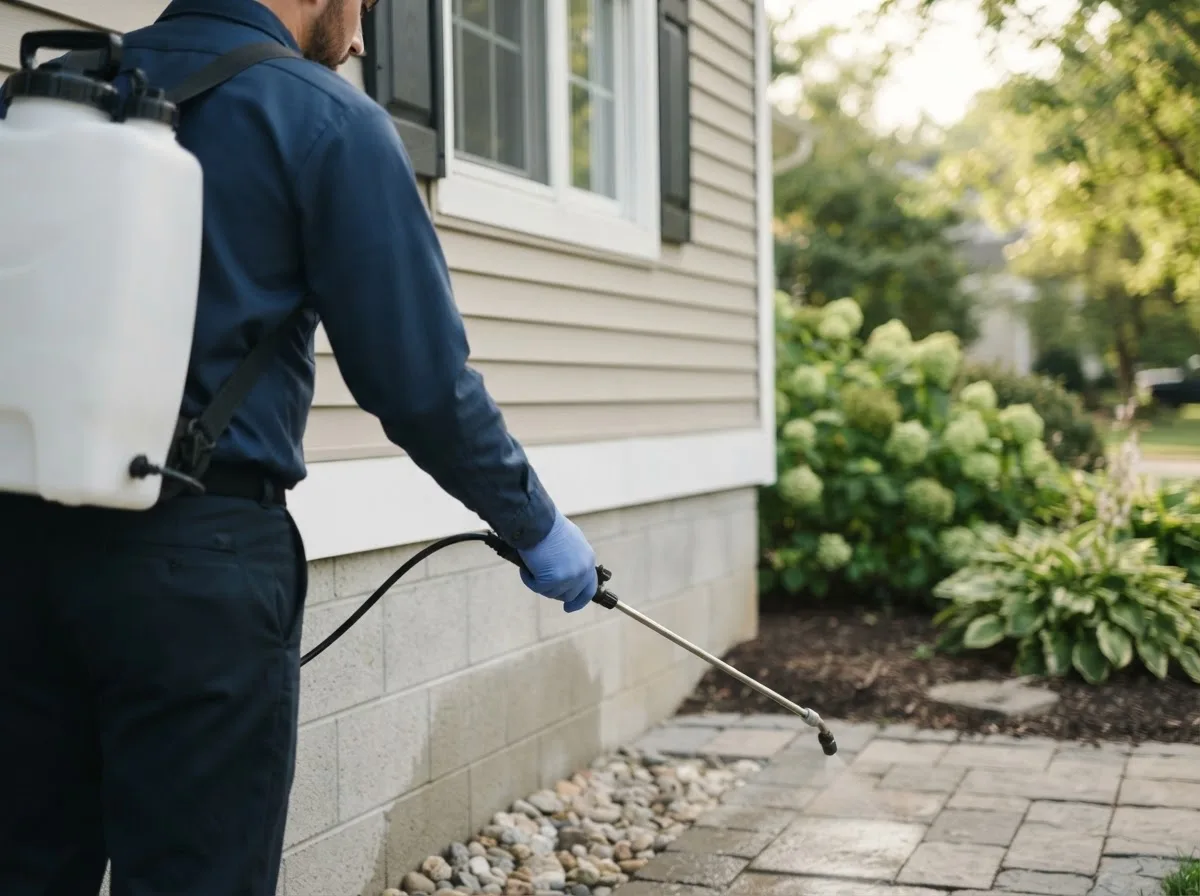 Pest control technician inspecting a home in Perris, CA